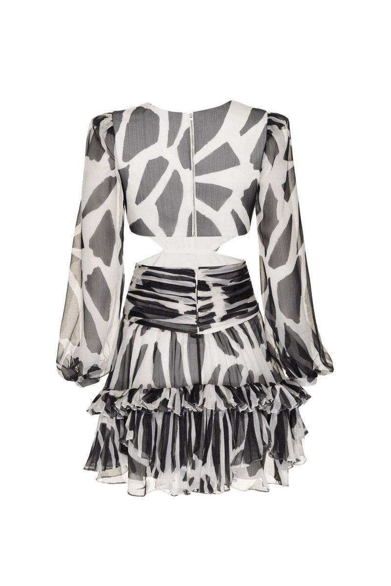 Miriam Printed Cut-Out Ruffle Dress | Black White | Evening | Chiffon - ZyraLux Kleding en accessoires