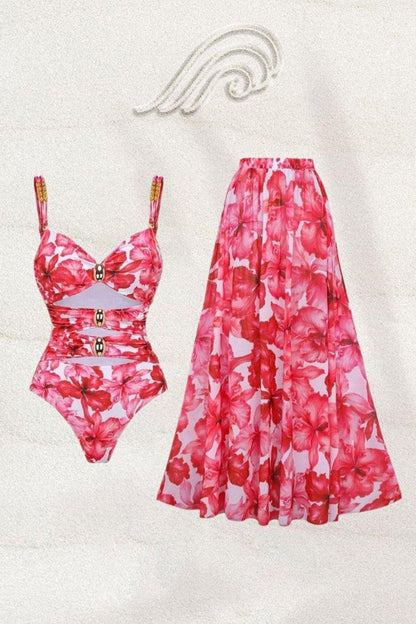 Modesty Printed Cut-Out Two Pieces Swim Set | Pink | Beachwear | Polyester - ZyraLux Kleding en accessoires