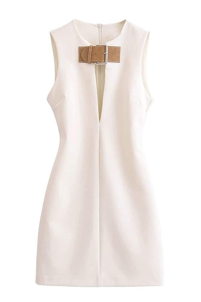 Mona Sleeveless Metal Buckle Dress | White | Evening | Polyester - ZyraLux Kleding en accessoires