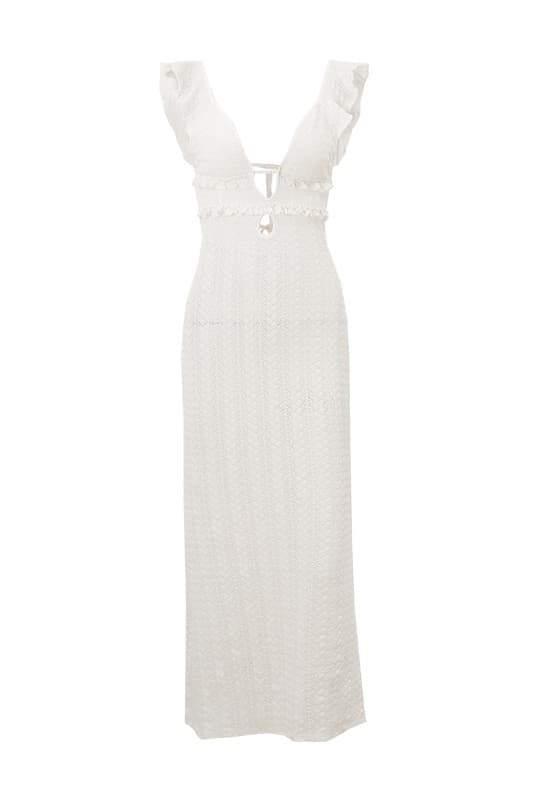 Muriel Ruffle Cut-Out Knit Maxi Dress | Beige | Beach | Cotton - ZyraLux Kleding en accessoires