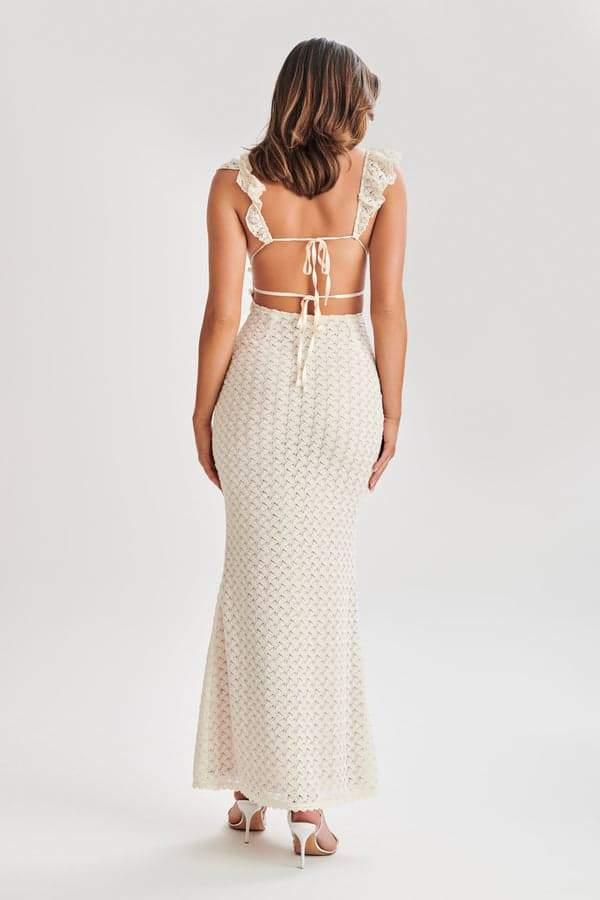 Muriel Ruffle Cut-Out Knit Maxi Dress | Beige | Beach | Cotton - ZyraLux Kleding en accessoires