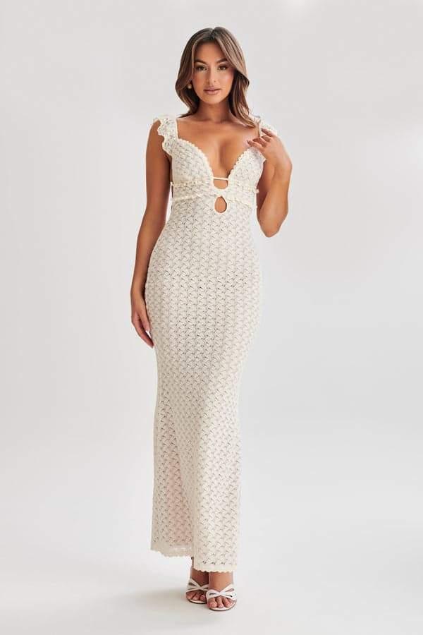 Muriel Ruffle Cut-Out Knit Maxi Dress | Beige | Beach | Cotton - ZyraLux Kleding en accessoires