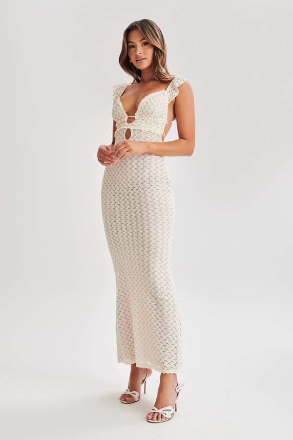 Muriel Ruffle Cut-Out Knit Maxi Dress | Beige | Beach | Cotton - ZyraLux Kleding en accessoires