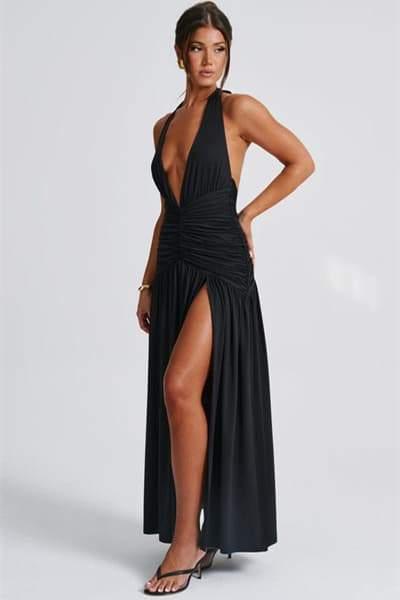 Norma Halter Deep V-Neck Maxi Dress | Multicolor | Evening Event | Polyester - ZyraLux Kleding en accessoires