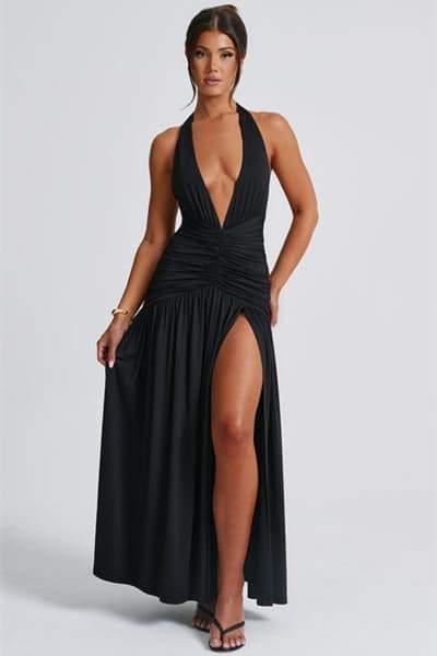 Norma Halter Deep V-Neck Maxi Dress | Multicolor | Evening Event | Polyester - ZyraLux Kleding en accessoires