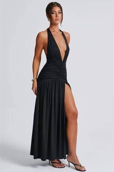 Norma Halter Deep V-Neck Maxi Dress | Multicolor | Evening Event | Polyester - ZyraLux Kleding en accessoires