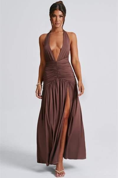 Norma Halter Deep V-Neck Maxi Dress | Multicolor | Evening Event | Polyester - ZyraLux Kleding en accessoires