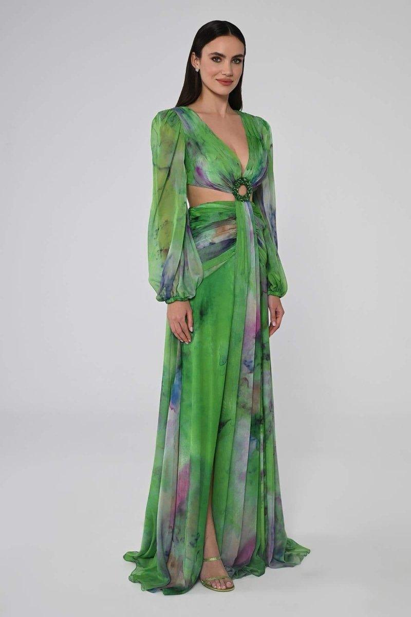 Novia V-Neck Double Slits Maxi Dress | Green | Evening | Chiffon - ZyraLux Kleding en accessoires