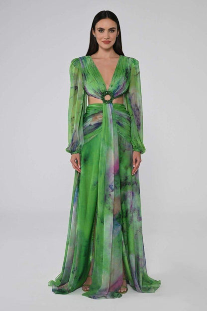 Novia V-Neck Double Slits Maxi Dress | Green | Evening | Chiffon - ZyraLux Kleding en accessoires