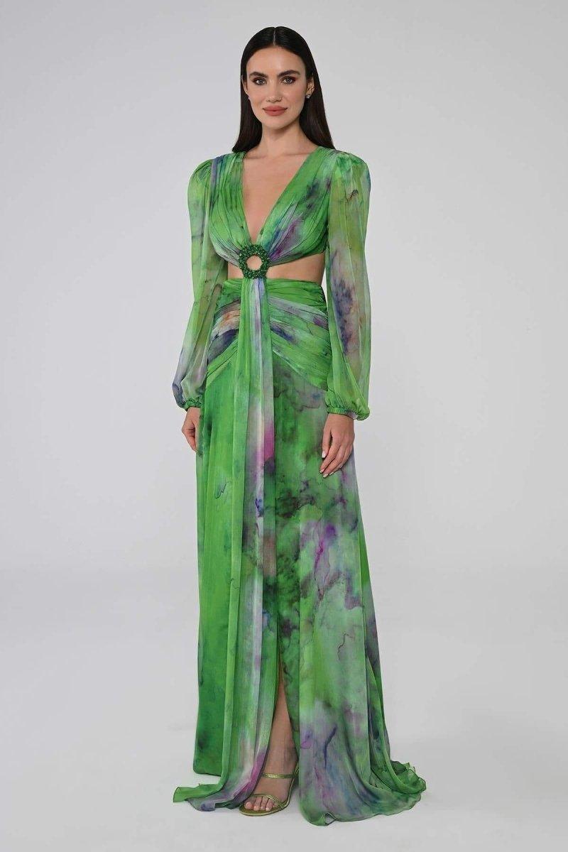 Novia V-Neck Double Slits Maxi Dress | Green | Evening | Chiffon - ZyraLux Kleding en accessoires