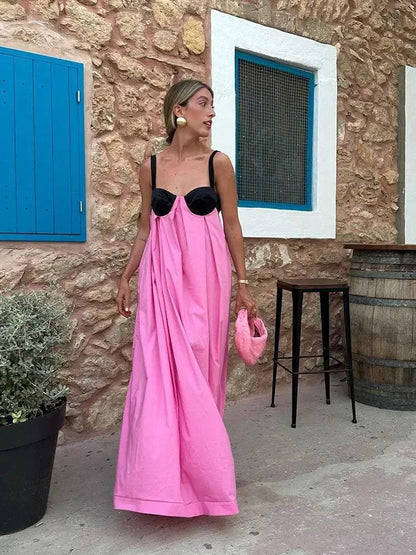 Contrast Elegance Maxi Dress | Pink Black | Formal | Cotton Blend - ZyraLux Kleding en accessoires