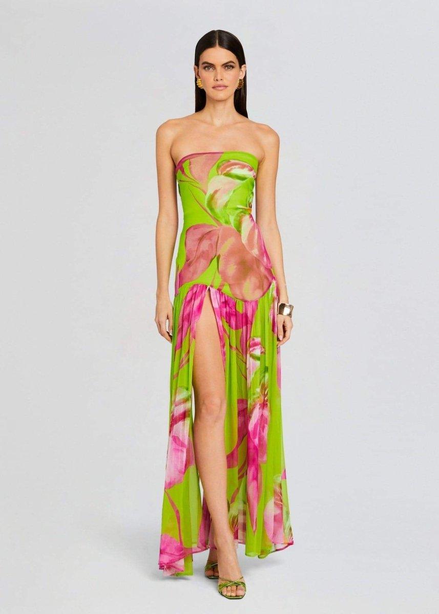 Nydia Floral Printed Strapless Maxi Dress | Green | Evening | Silk - ZyraLux Kleding en accessoires