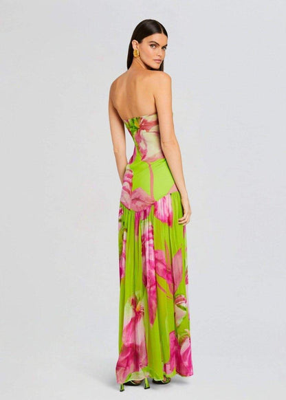 Nydia Floral Printed Strapless Maxi Dress | Green | Evening | Silk - ZyraLux Kleding en accessoires