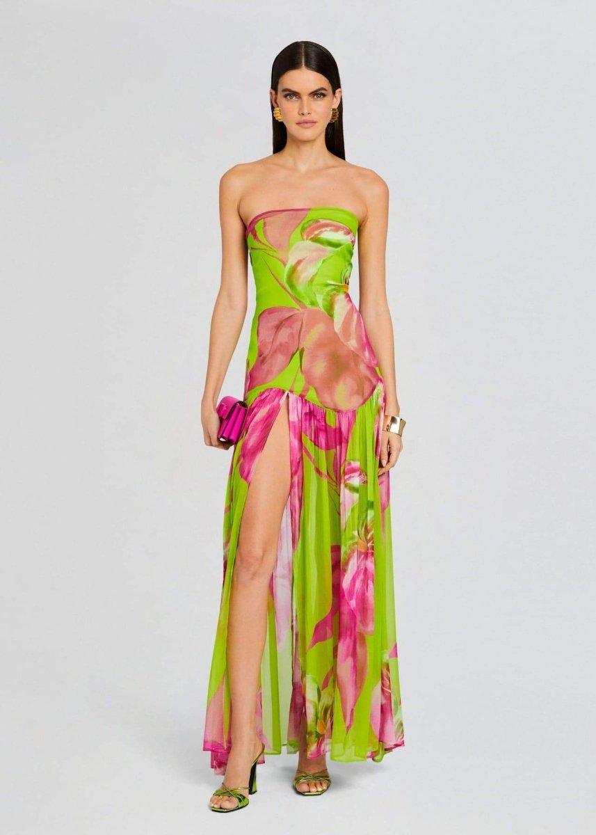 Nydia Floral Printed Strapless Maxi Dress | Green | Evening | Silk - ZyraLux Kleding en accessoires