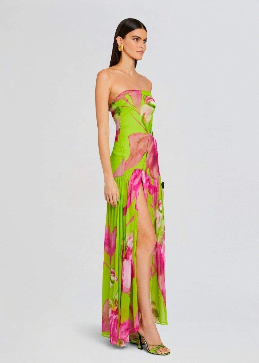 Nydia Floral Printed Strapless Maxi Dress | Green | Evening | Silk - ZyraLux Kleding en accessoires