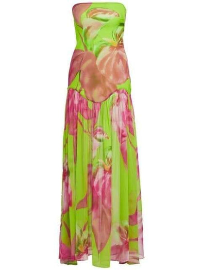 Nydia Floral Printed Strapless Maxi Dress | Green | Evening | Silk - ZyraLux Kleding en accessoires