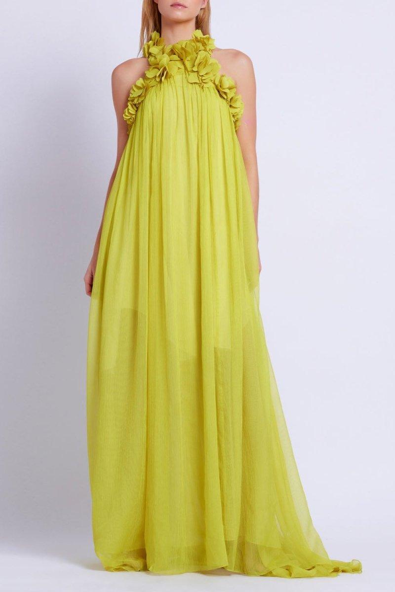 Golden Blossom Halter Dress | Yellow | Formal | Chiffon - ZyraLux Kleding en accessoires