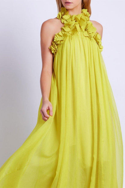 Golden Blossom Halter Dress | Yellow | Formal | Chiffon - ZyraLux Kleding en accessoires