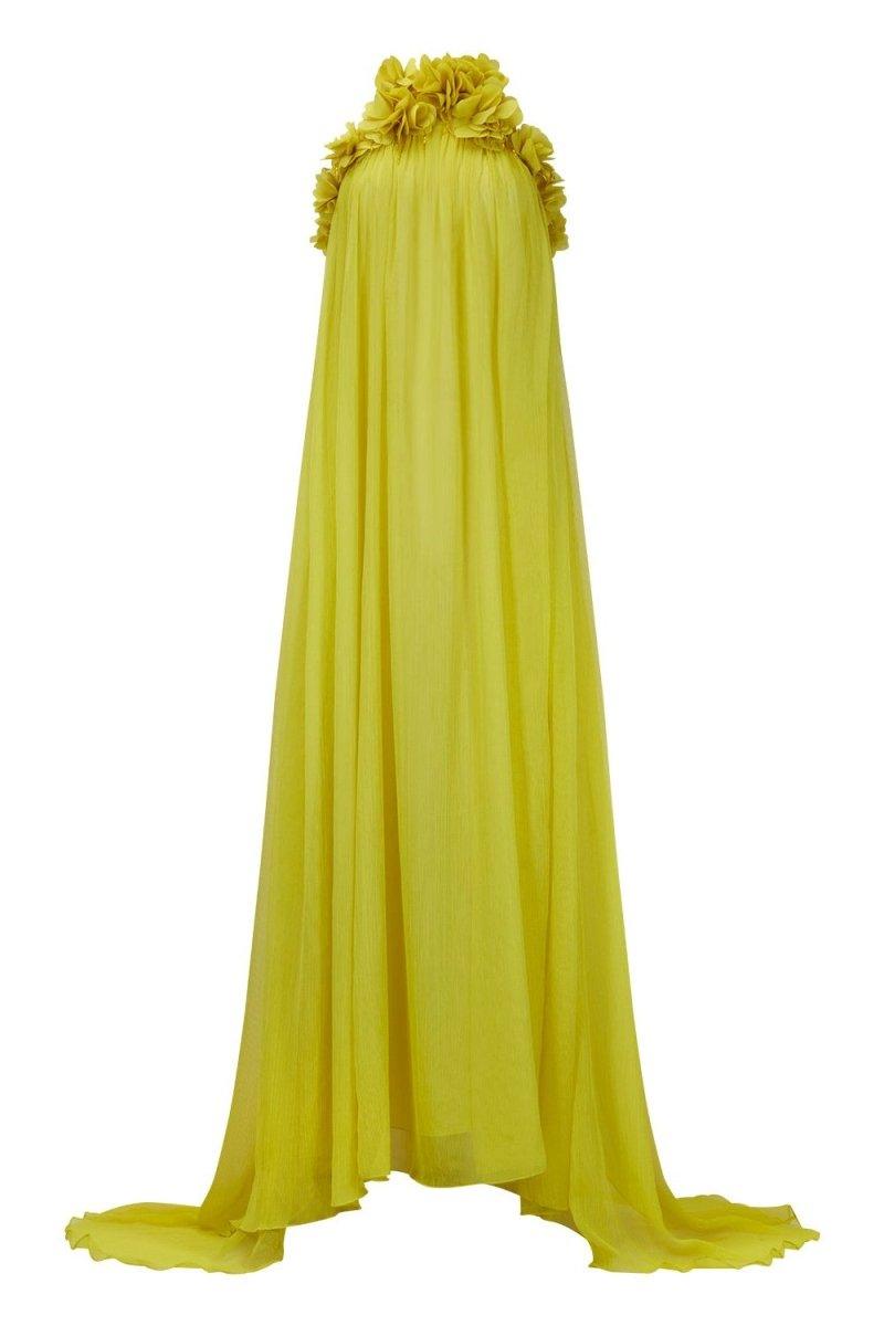 Golden Blossom Halter Dress | Yellow | Formal | Chiffon - ZyraLux Kleding en accessoires