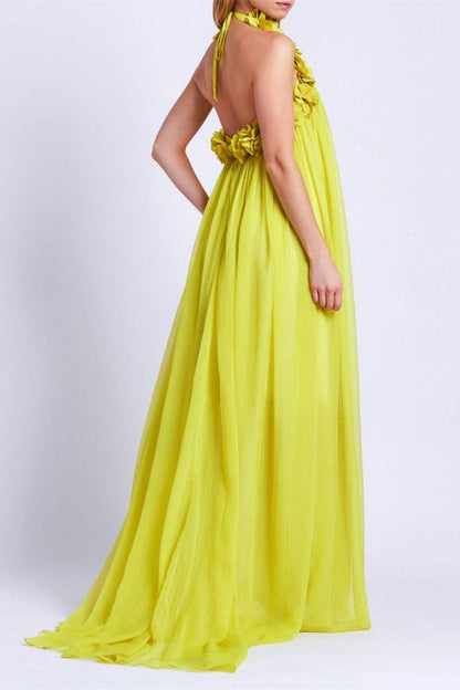 Golden Blossom Halter Dress | Yellow | Formal | Chiffon - ZyraLux Kleding en accessoires