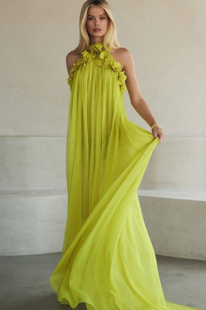 Golden Blossom Halter Dress | Yellow | Formal | Chiffon - ZyraLux Kleding en accessoires