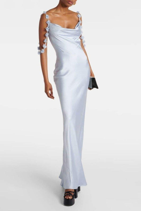 Floral Appliqué Satin Maxi Dress | Light Blue | Evening Gala | Satin - ZyraLux Kleding en accessoires