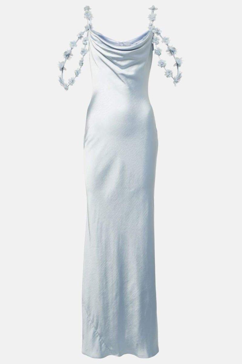 Floral Appliqué Satin Maxi Dress | Light Blue | Evening Gala | Satin - ZyraLux Kleding en accessoires