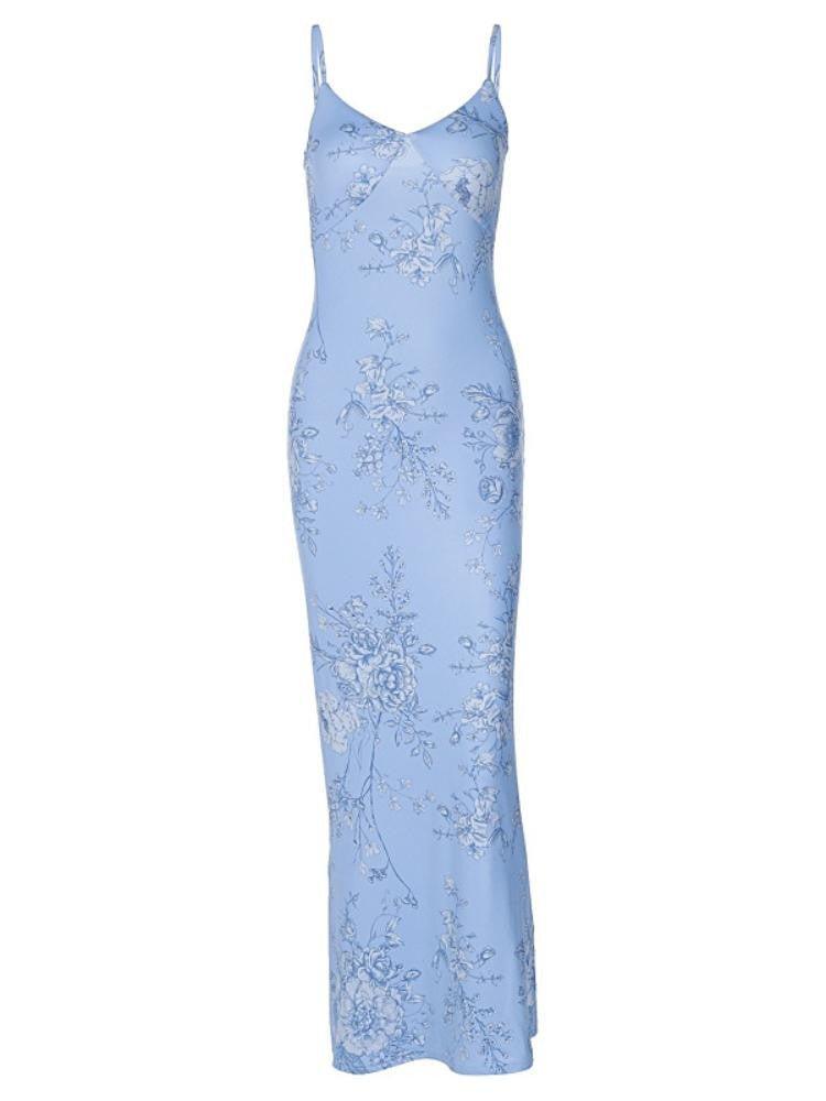 Orchid Printed Maxi Slip Dress | Blue | Evening | Satin - ZyraLux Kleding en accessoires