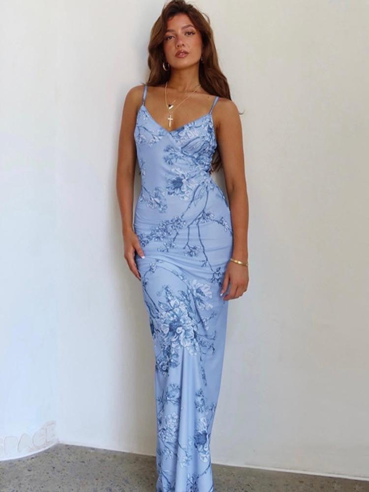 Orchid Printed Maxi Slip Dress | Blue | Evening | Satin - ZyraLux Kleding en accessoires