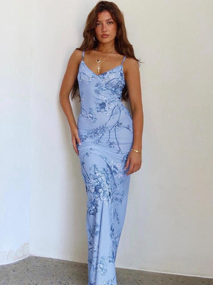 Orchid Printed Maxi Slip Dress | Blue | Evening | Satin - ZyraLux Kleding en accessoires