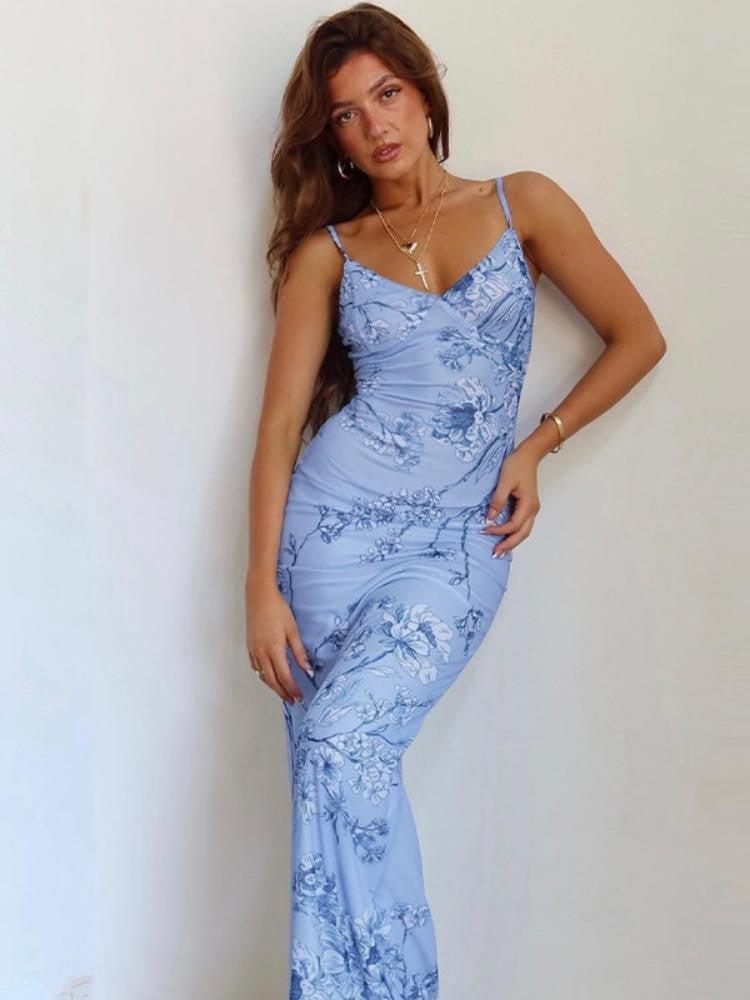 Orchid Printed Maxi Slip Dress | Blue | Evening | Satin - ZyraLux Kleding en accessoires