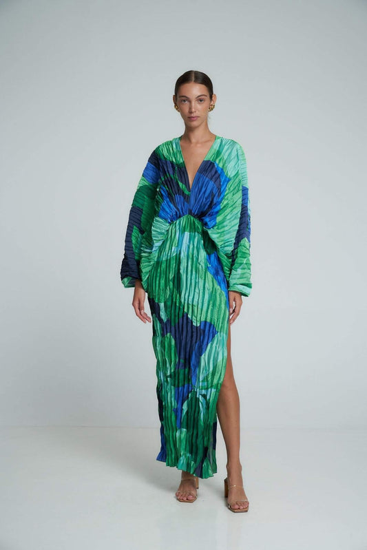 Printed Plisse Maxi Kaftan Dress | Green | Resort Wear | Plisse - ZyraLux Kleding en accessoires