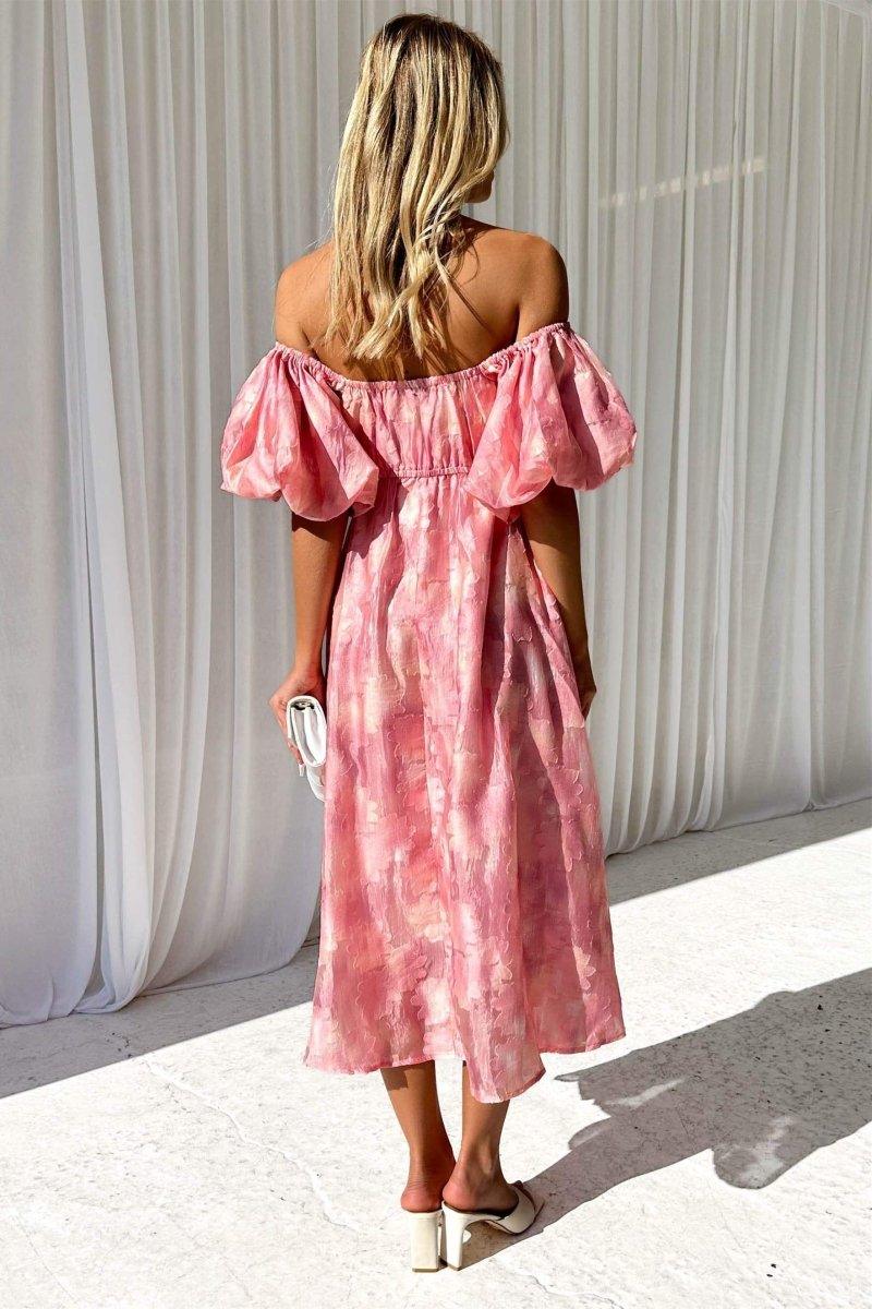 Off-Shoulder Puff Sleeve Midi Dress | Pink | Garden Party | Silk - ZyraLux Kleding en accessoires