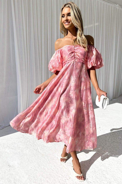 Off-Shoulder Puff Sleeve Midi Dress | Pink | Garden Party | Silk - ZyraLux Kleding en accessoires