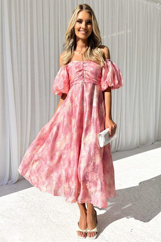 Off-Shoulder Puff Sleeve Midi Dress | Pink | Garden Party | Silk - ZyraLux Kleding en accessoires