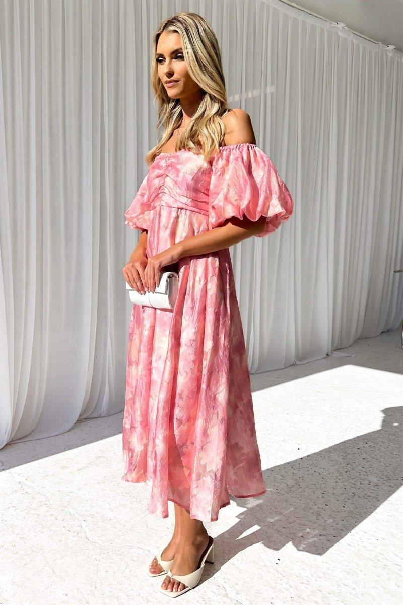 Off-Shoulder Puff Sleeve Midi Dress | Pink | Garden Party | Silk - ZyraLux Kleding en accessoires