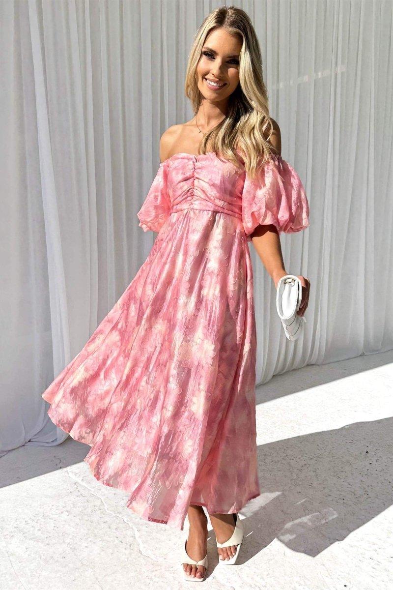 Off-Shoulder Puff Sleeve Midi Dress | Pink | Garden Party | Silk - ZyraLux Kleding en accessoires