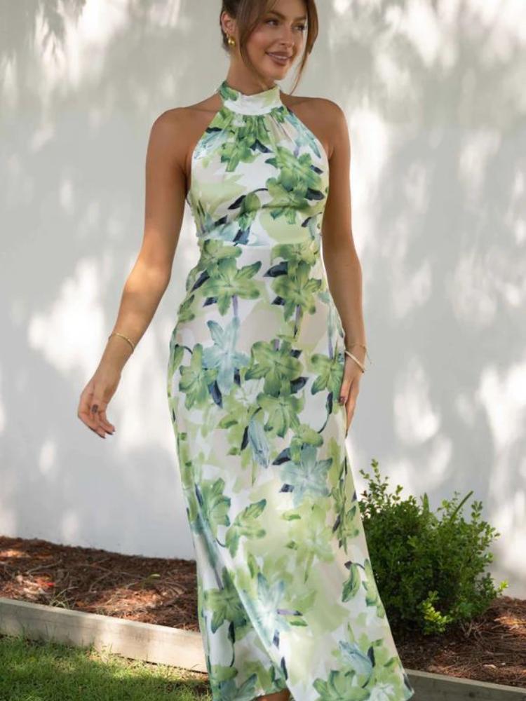 Printed Halterneck Backless Satin Midi Dress | Green | Cocktail Party | Satin - ZyraLux Kleding en accessoires