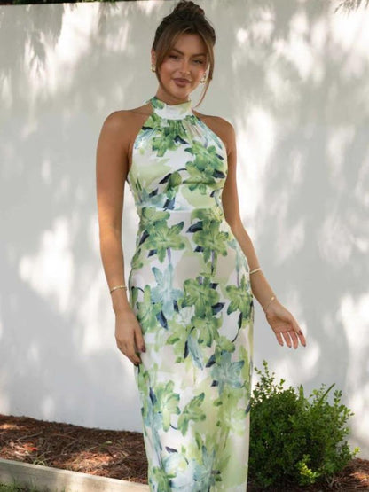 Printed Halterneck Backless Satin Midi Dress | Green | Cocktail Party | Satin - ZyraLux Kleding en accessoires