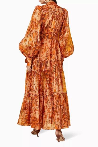 Autumn Blossom Maxi Dress | Orange | Casual | Polyester Blend - ZyraLux Kleding en accessoires