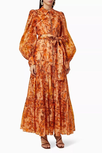 Autumn Blossom Maxi Dress | Orange | Casual | Polyester Blend - ZyraLux Kleding en accessoires