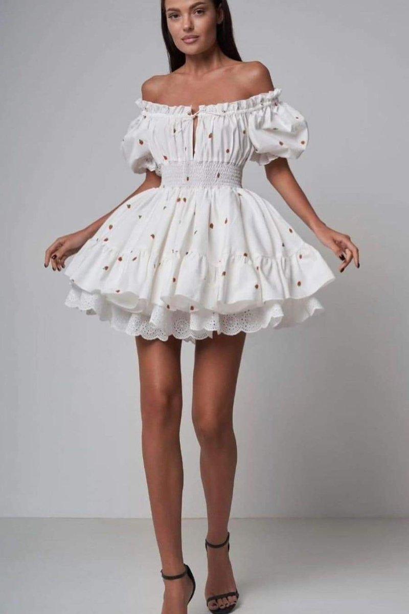 Rebecca Printed Puff Sleeve Mini Dress | White | Party | Cotton - ZyraLux Kleding en accessoires