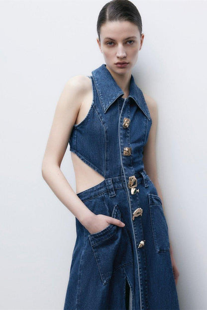 Lapel Collar Cut-Out Denim Maxi Dress | Blue | Casual | Denim - ZyraLux Kleding en accessoires