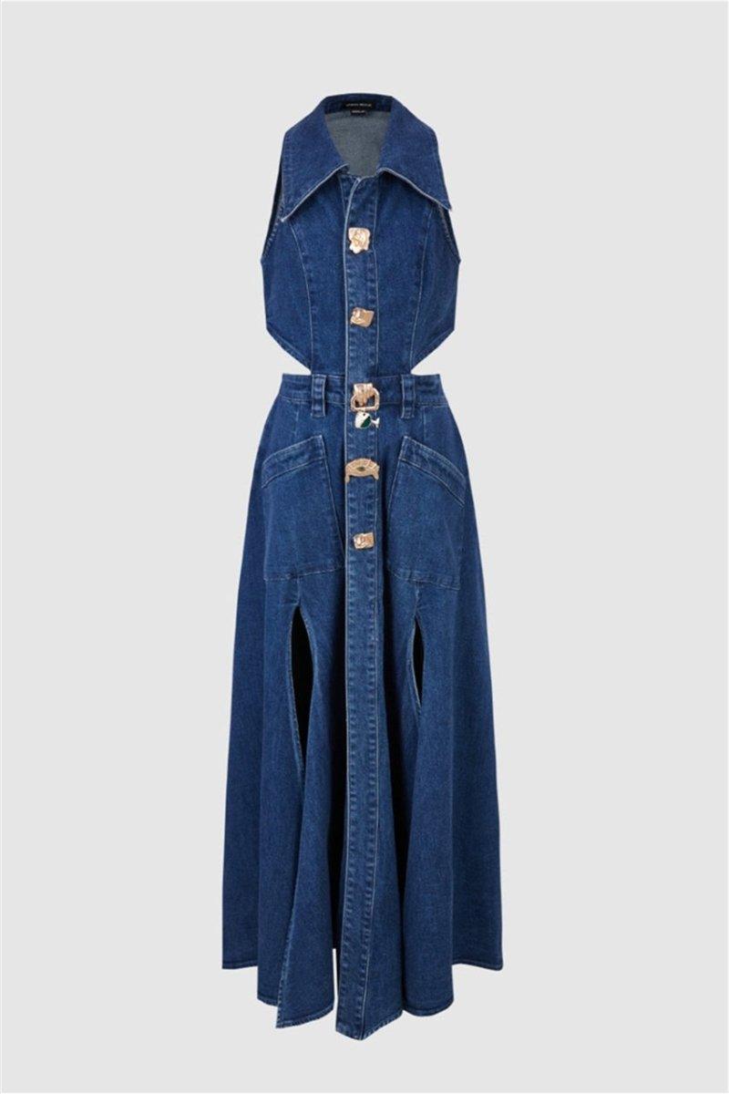 Lapel Collar Cut-Out Denim Maxi Dress | Blue | Casual | Denim - ZyraLux Kleding en accessoires