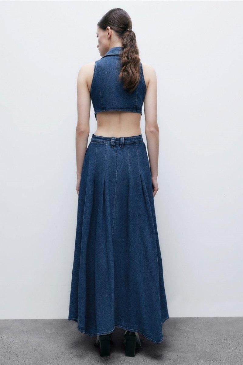 Lapel Collar Cut-Out Denim Maxi Dress | Blue | Casual | Denim - ZyraLux Kleding en accessoires