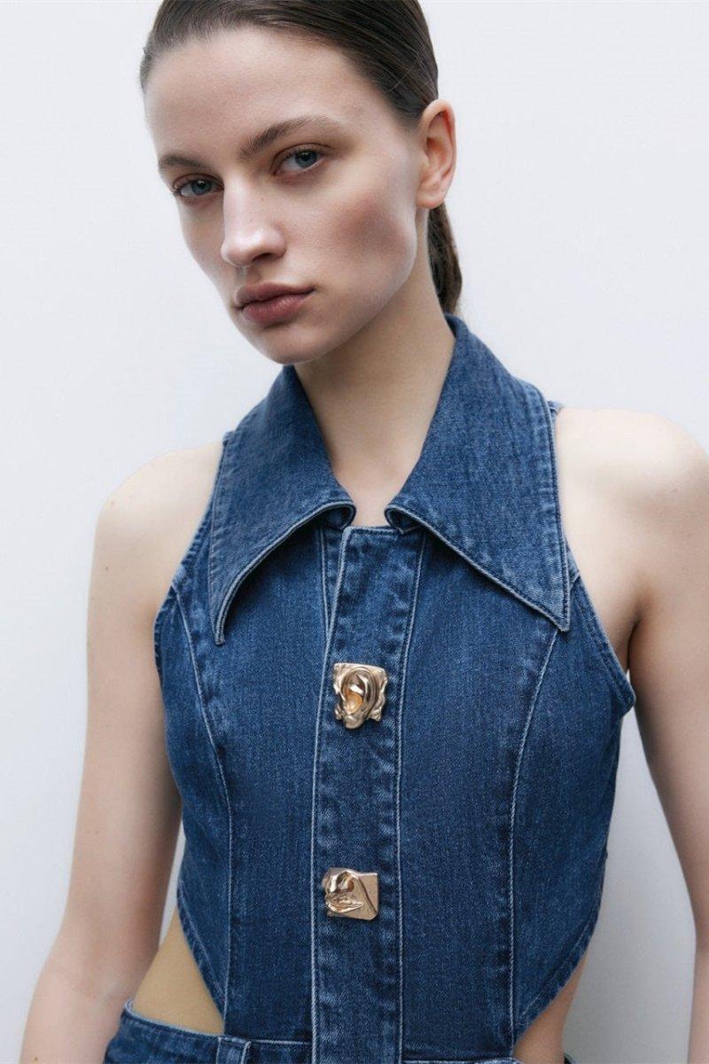 Lapel Collar Cut-Out Denim Maxi Dress | Blue | Casual | Denim - ZyraLux Kleding en accessoires