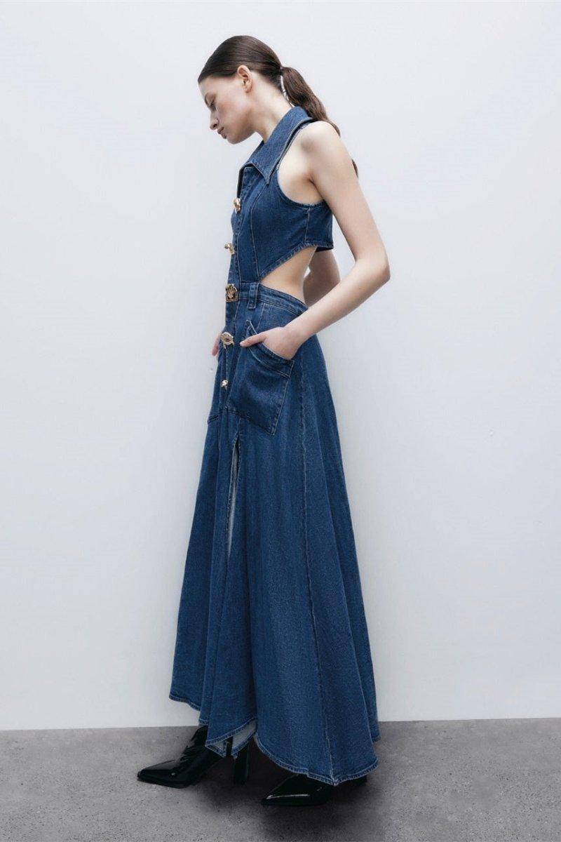 Lapel Collar Cut-Out Denim Maxi Dress | Blue | Casual | Denim - ZyraLux Kleding en accessoires