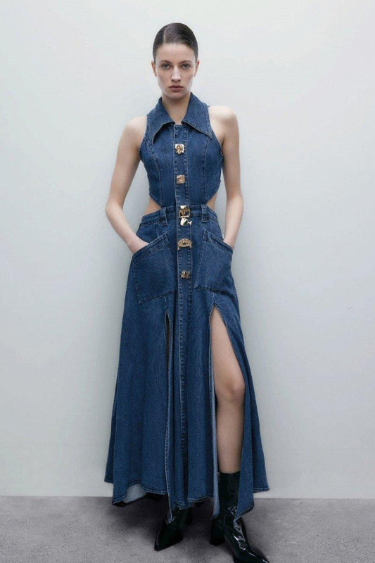 Lapel Collar Cut-Out Denim Maxi Dress | Blue | Casual | Denim - ZyraLux Kleding en accessoires