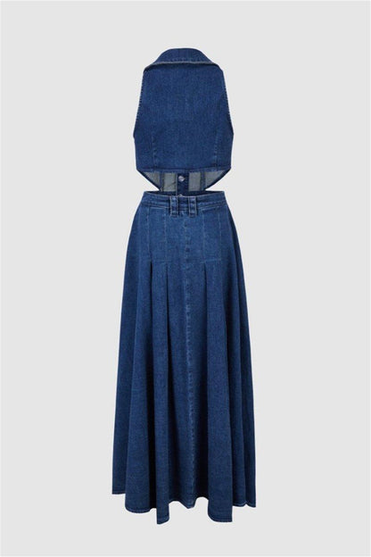 Lapel Collar Cut-Out Denim Maxi Dress | Blue | Casual | Denim - ZyraLux Kleding en accessoires