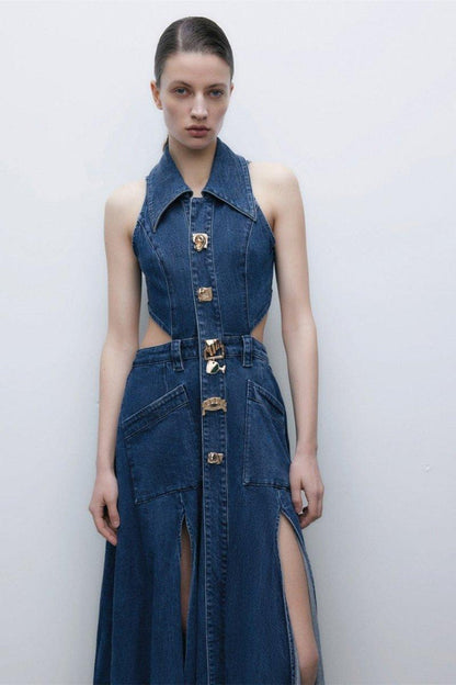 Lapel Collar Cut-Out Denim Maxi Dress | Blue | Casual | Denim - ZyraLux Kleding en accessoires